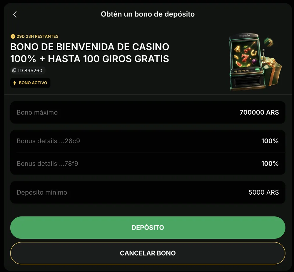 Pantalla del bono de bienvenida de casino de DaleWin: bono máximo 700.000 ARS y depósito mínimo 5.000 ARS
