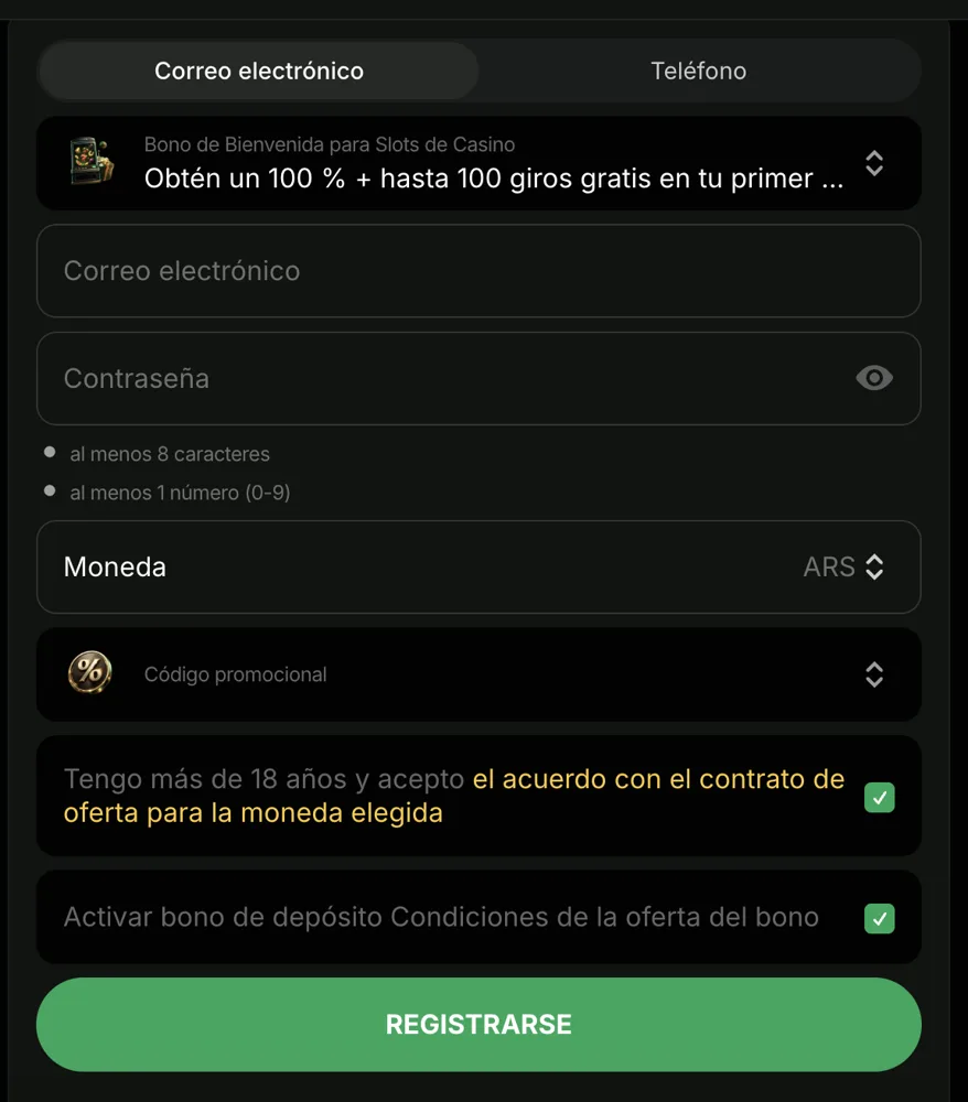 Formulario de registro de DaleWin con correo, contraseña, moneda ARS y código promocional